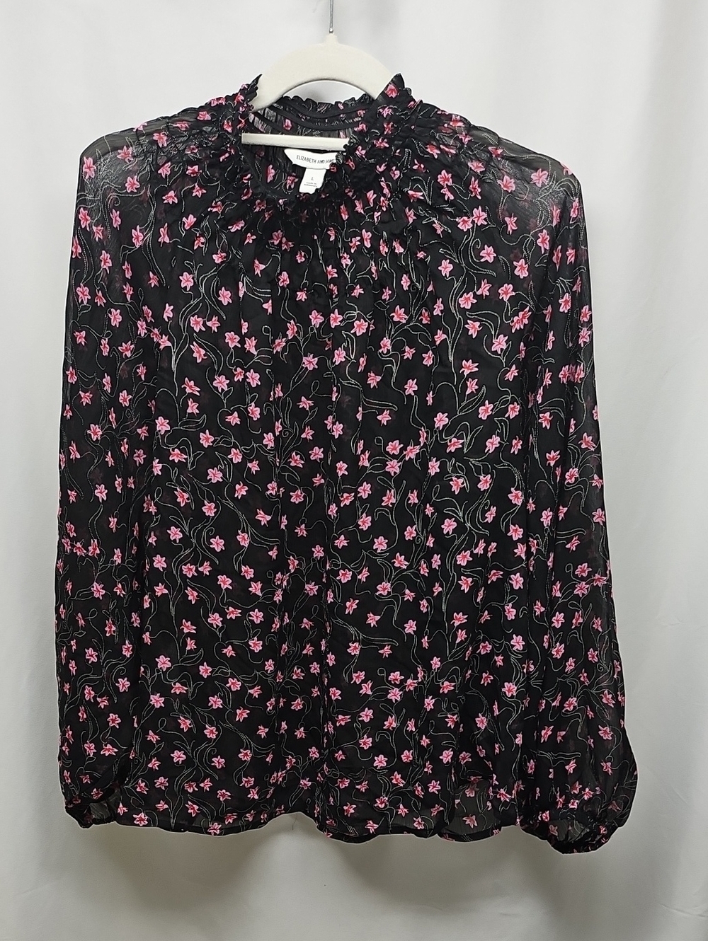 Elizabeth and James Black Blouse with Pink Floral Print and Ruffled Neck